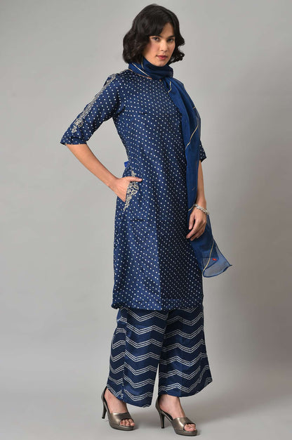 Blue Bandhani Printed kurta With Bandhani Pants And Organza Dupatta