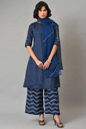 Blue Bandhani Printed kurta With Bandhani Pants And Organza Dupatta - wforwoman