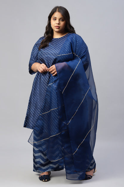 Blue Plus Size Bandhani Printed kurta With Bandhani Pants And Organza Dupatta