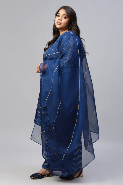 Blue Plus Size Bandhani Printed kurta With Bandhani Pants And Organza Dupatta