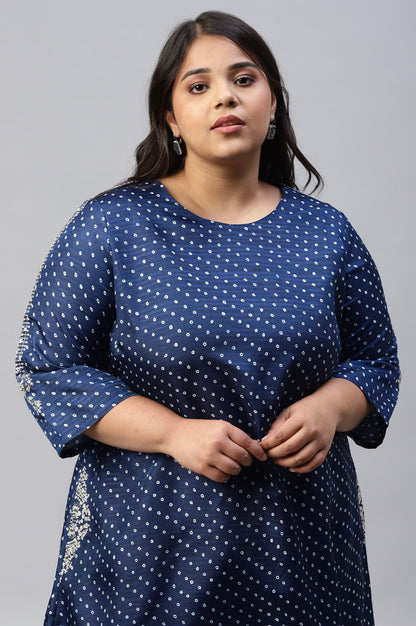 Blue Plus Size Bandhani Printed kurta With Bandhani Pants And Organza Dupatta