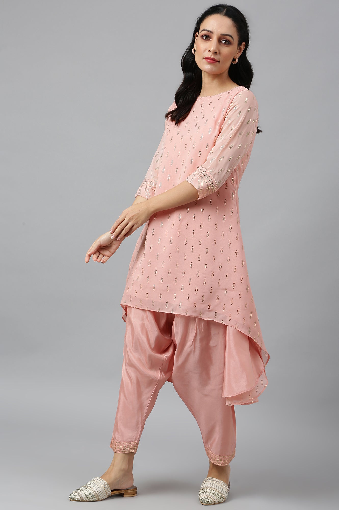 Blush Pink Golden Mukaish Print kurta With Salwar