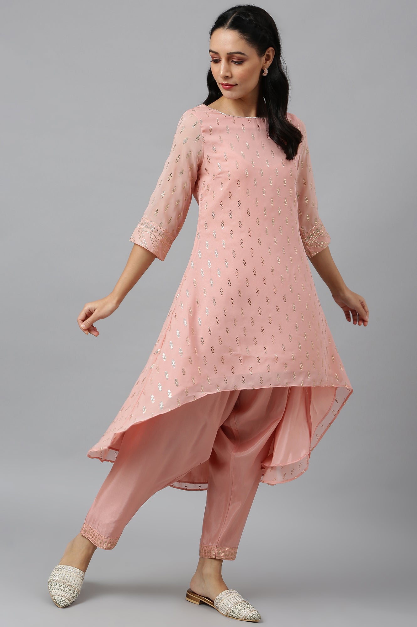 Blush Pink Golden Mukaish Print kurta With Salwar