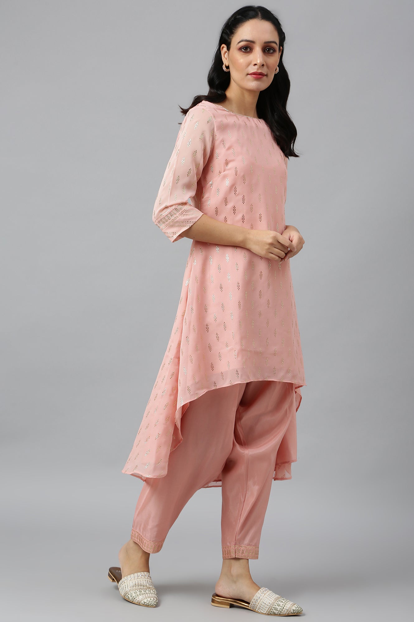 Blush Pink Golden Mukaish Print kurta With Salwar