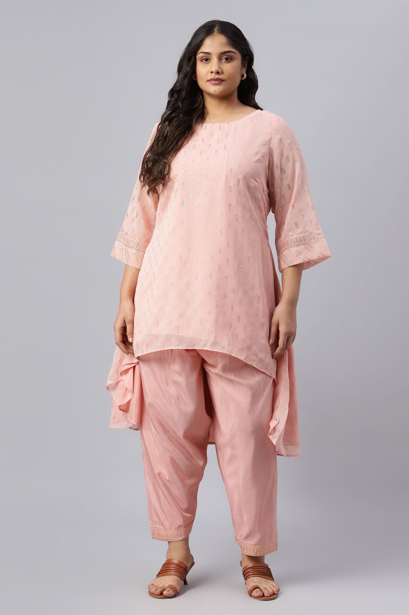 Blush Pink Golden Mukaish Print kurta With Salwar