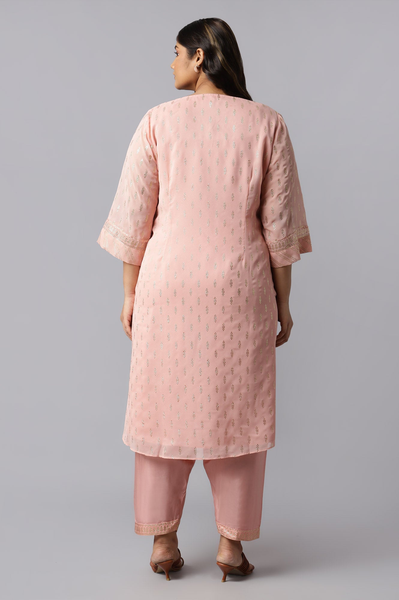 Blush Pink Golden Mukaish Print kurta With Salwar