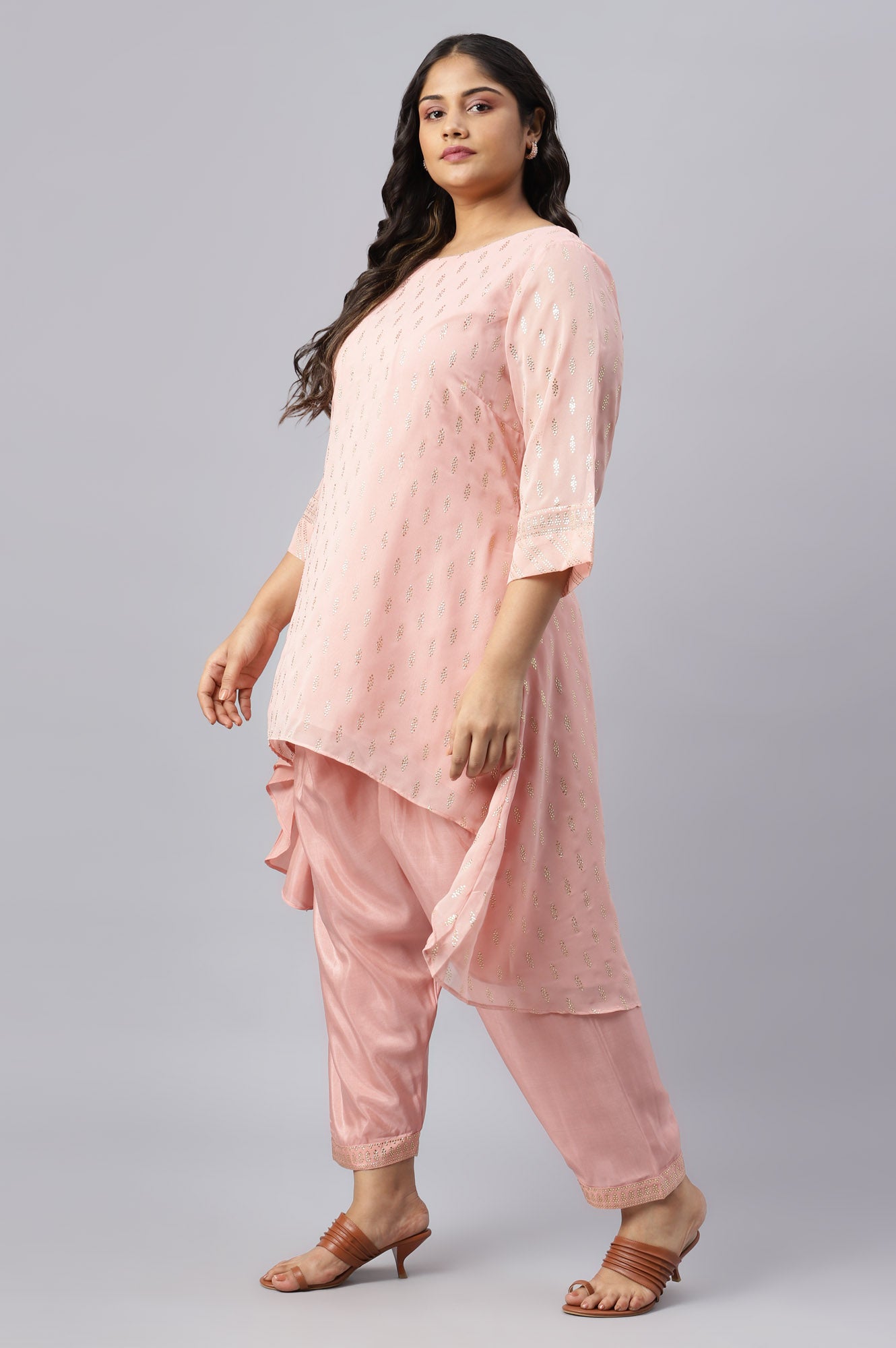 Blush Pink Golden Mukaish Print kurta With Salwar