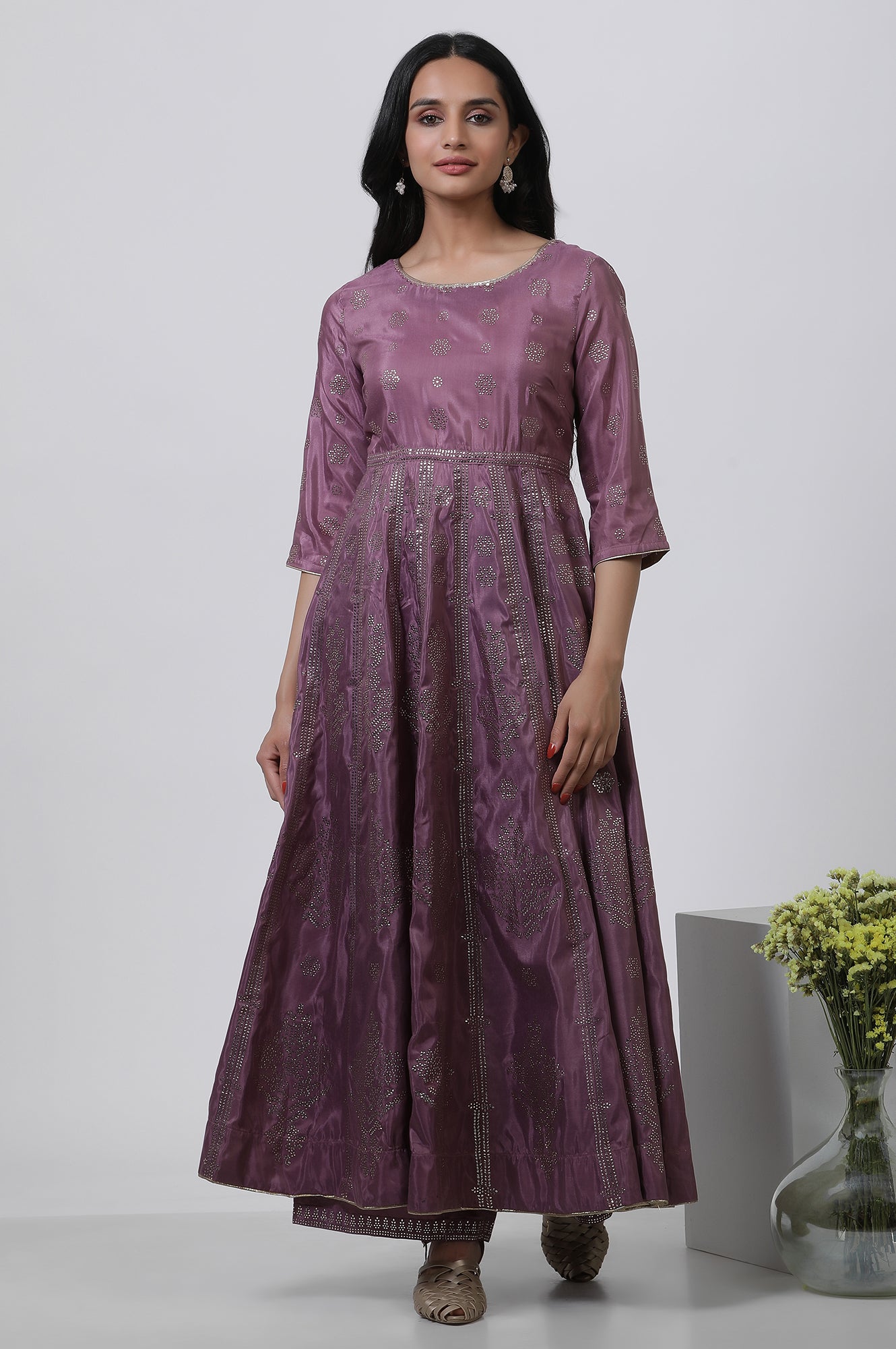 Purple Panelled Kalidar Dress And Pants Set