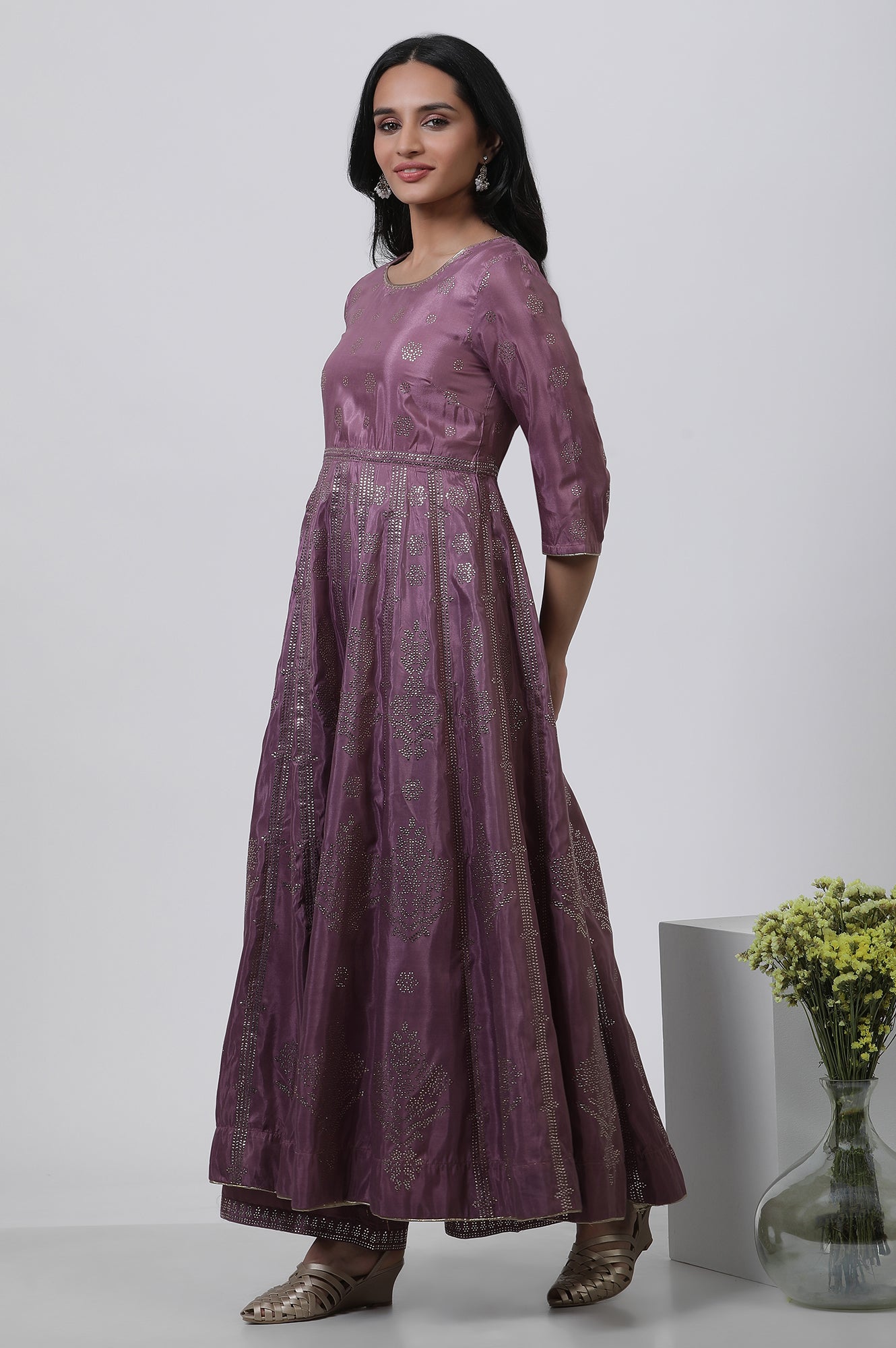 Purple Panelled Kalidar Dress And Pants Set