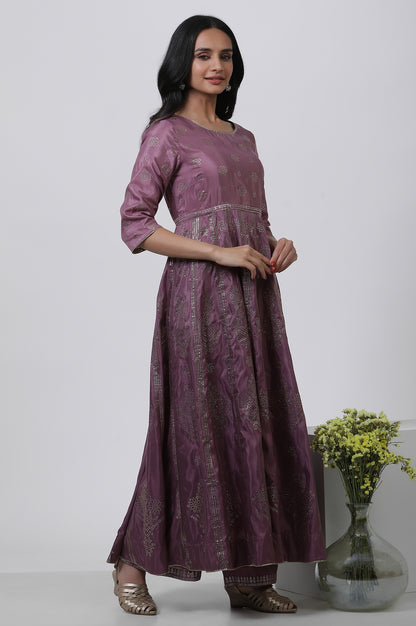 Purple Panelled Kalidar Dress And Pants Set
