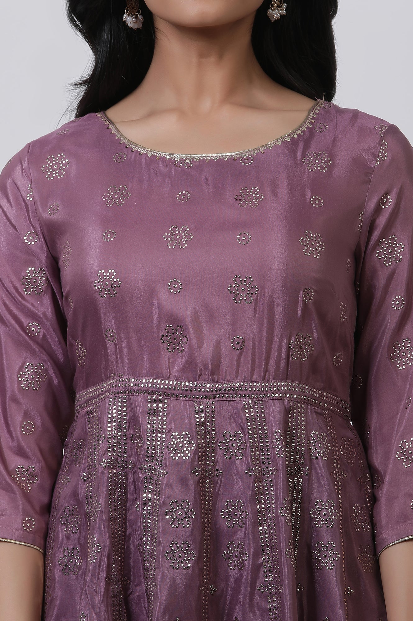 Purple Panelled Kalidar Dress And Pants Set