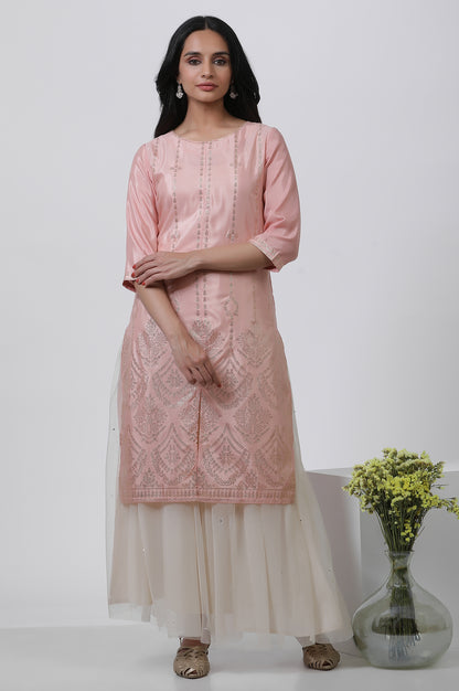 Pink Mukaish Kurta And Mesh Skirt Set