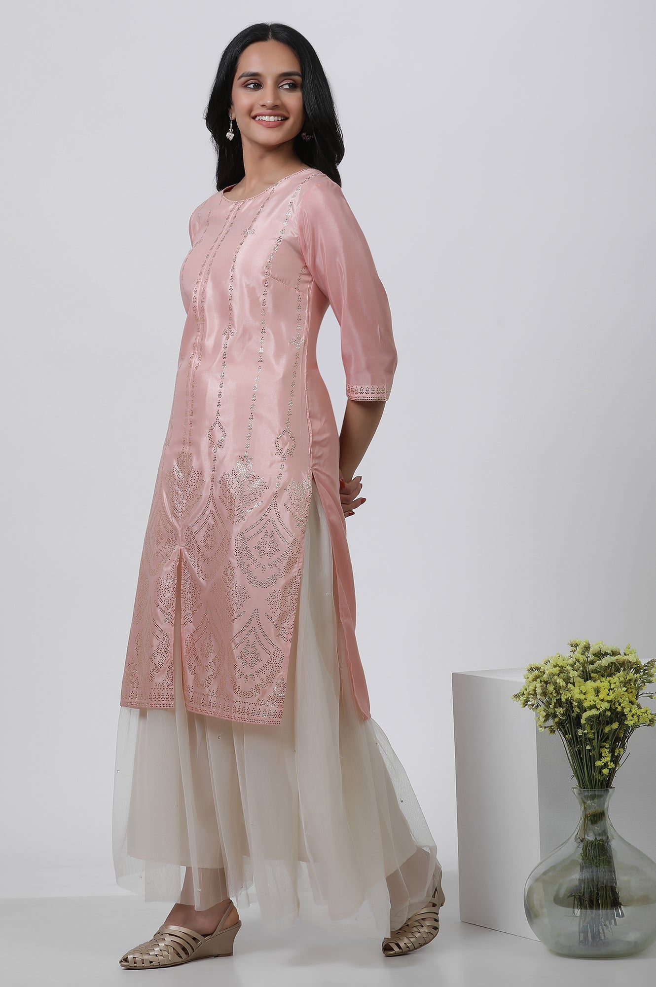 Pink Mukaish Kurta And Mesh Skirt Set