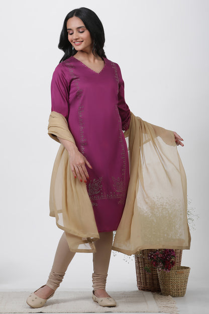 Magenta Mukaish Straight Kurta, Churidar And Dupatta Set