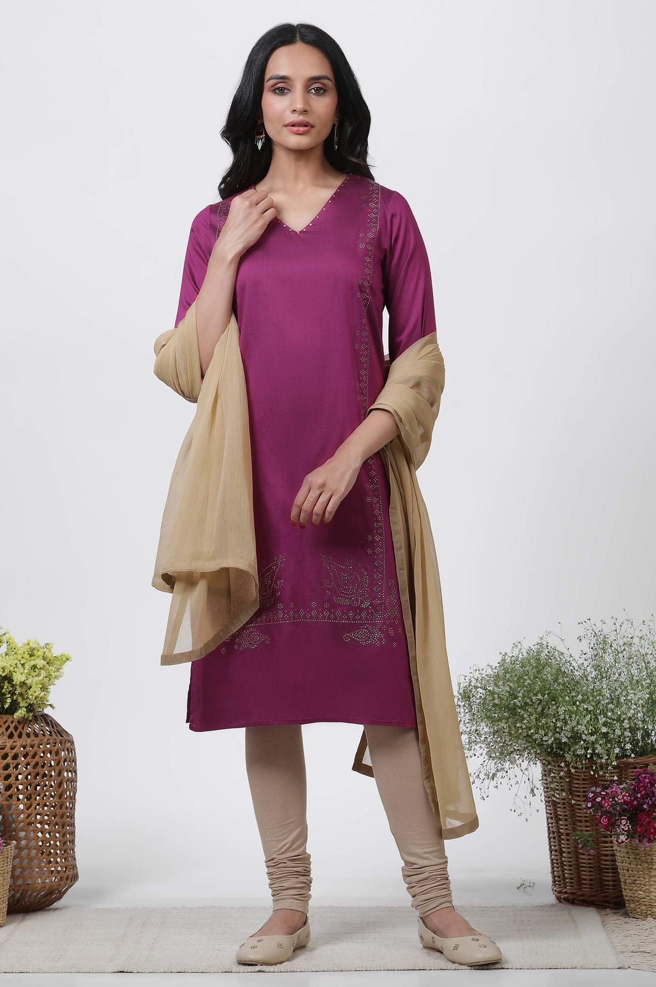 Magenta Mukaish Straight Kurta, Churidar And Dupatta Set