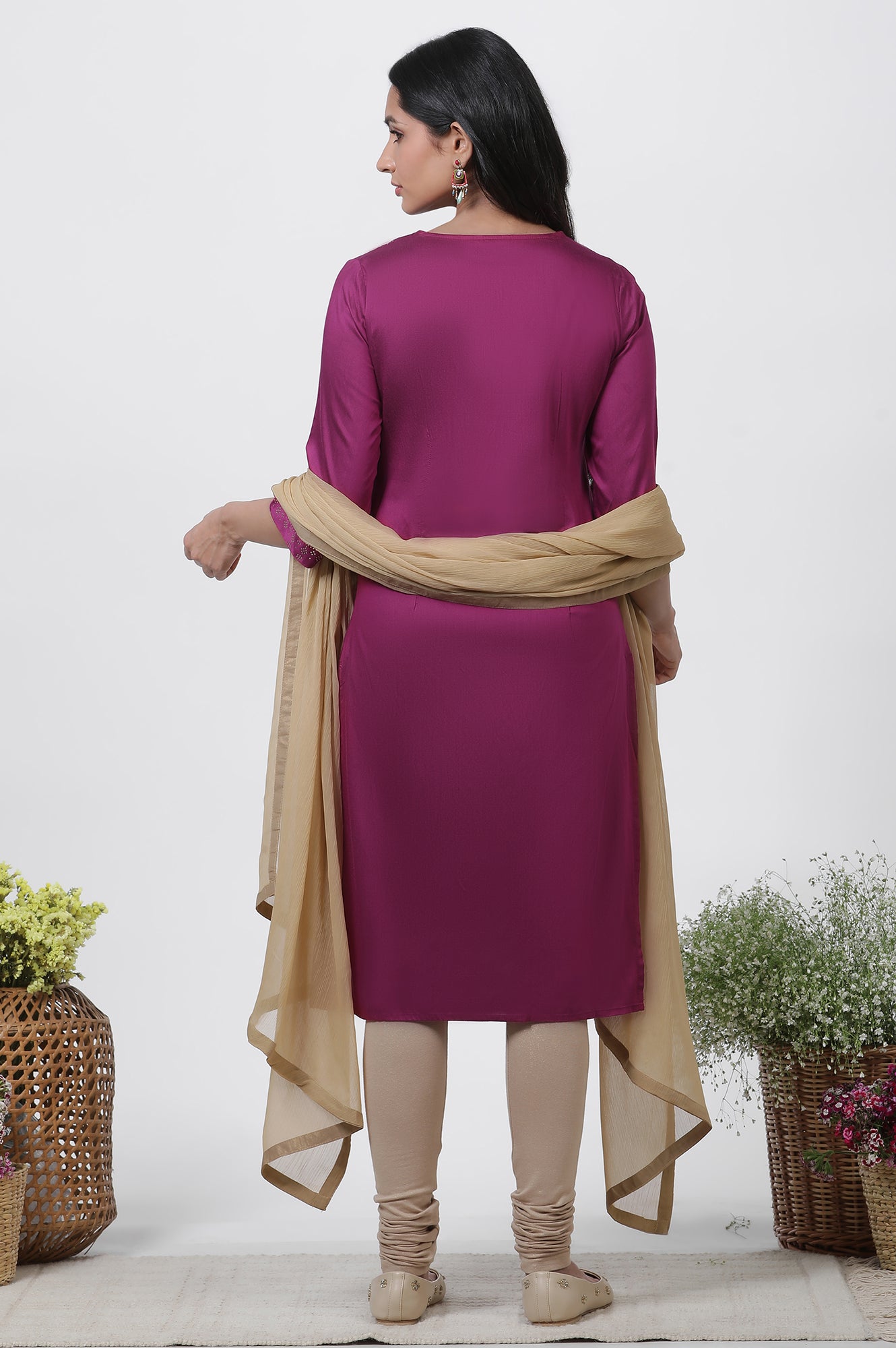 Magenta Mukaish Straight Kurta, Churidar And Dupatta Set