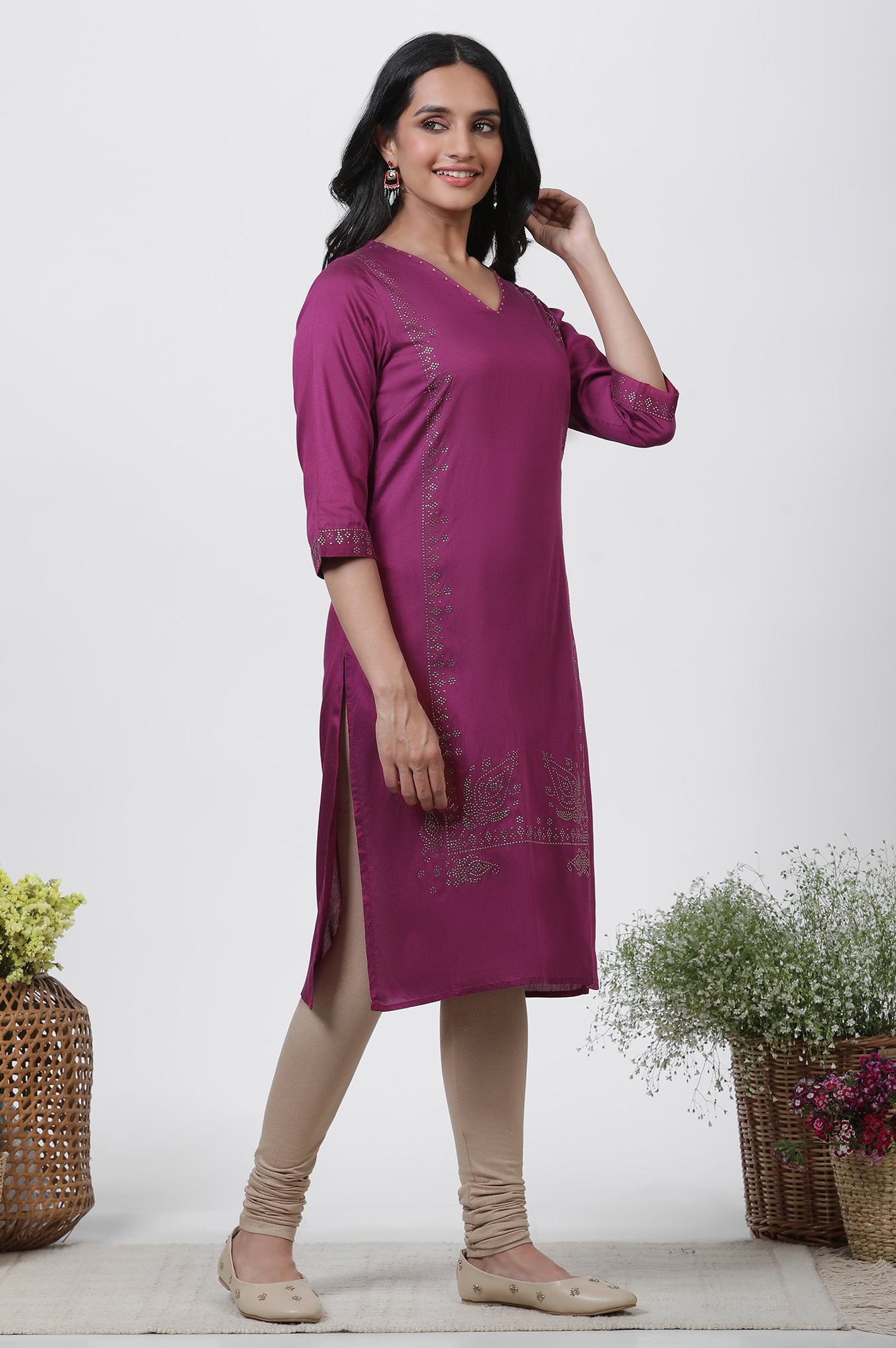 Magenta Mukaish Straight Kurta, Churidar And Dupatta Set