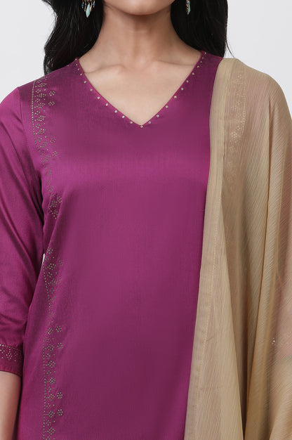 Magenta Mukaish Straight Kurta, Churidar And Dupatta Set