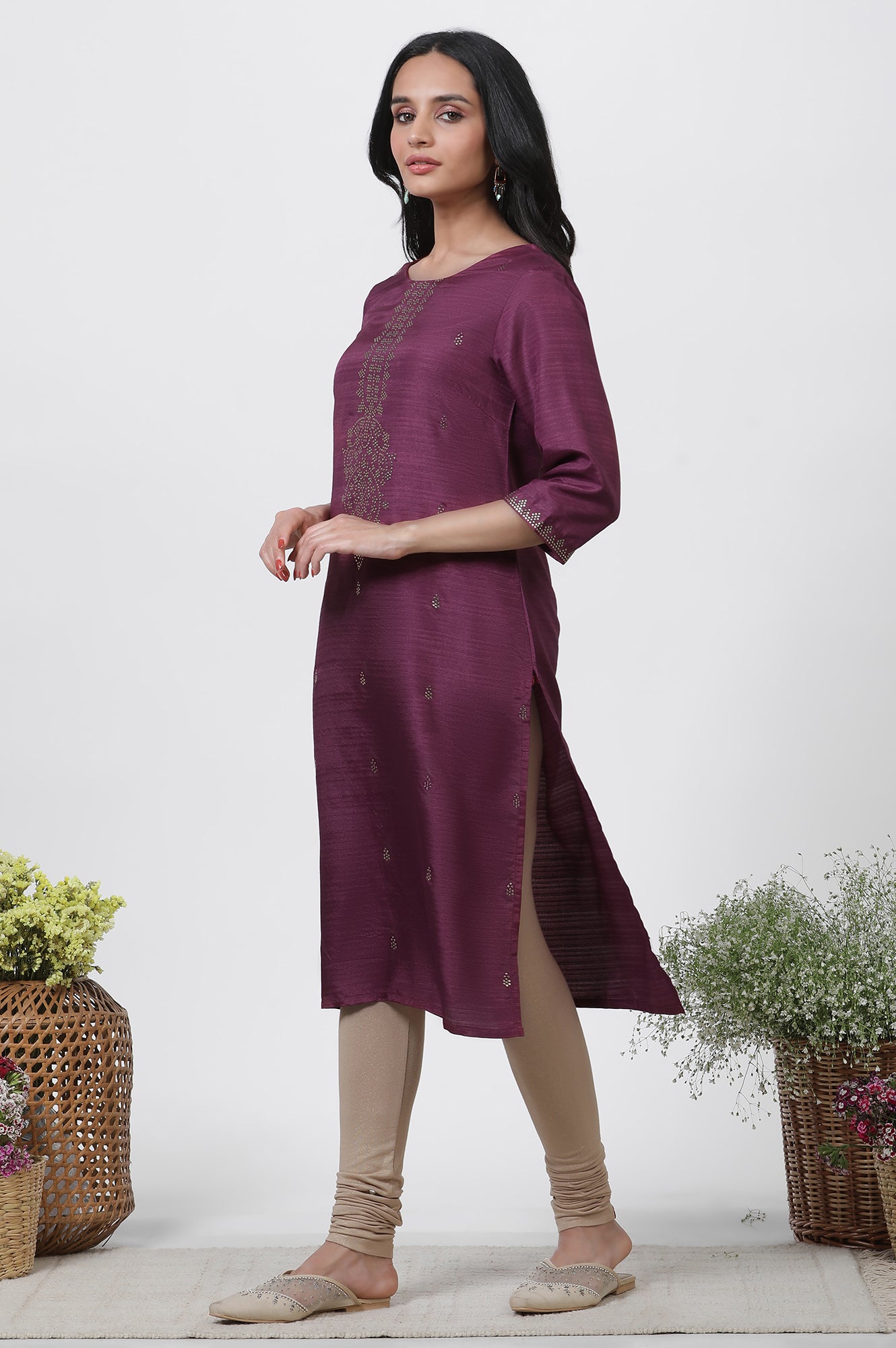 Purple Karnatka Silk Mukaish Kurta, Churidar And Dupatta Set