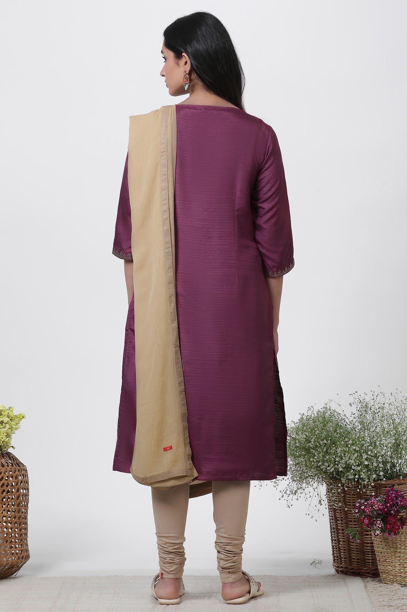 Purple Karnatka Silk Mukaish Kurta, Churidar And Dupatta Set
