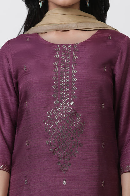 Purple Karnatka Silk Mukaish Kurta, Churidar And Dupatta Set