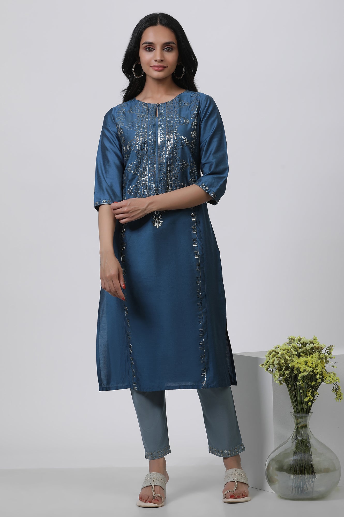 Blue Mukaish Kurta And Slim Pants Set