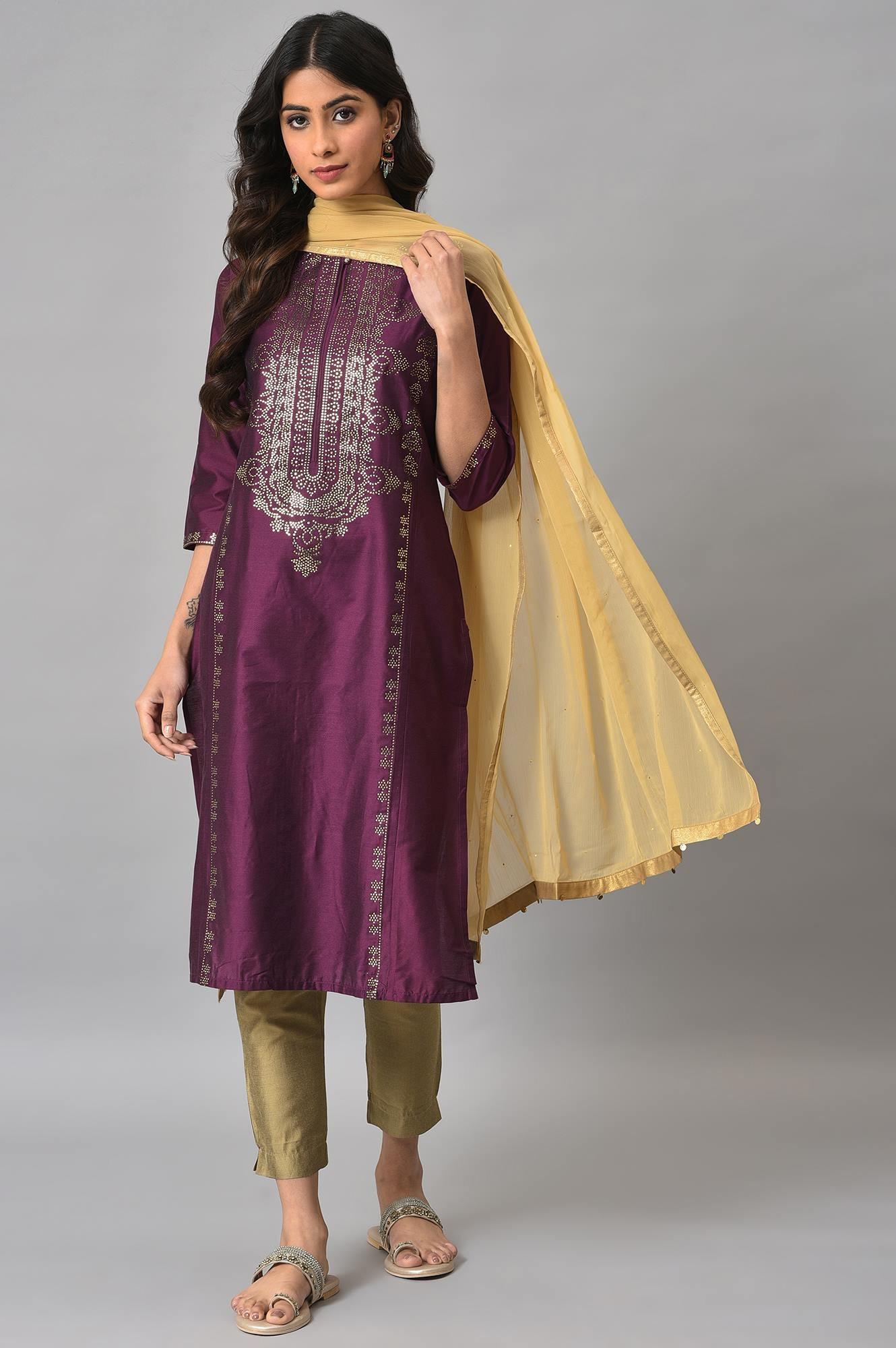 Dark Pink Mukaish Placement Print kurta With Golden Pants And Dupatta - wforwoman