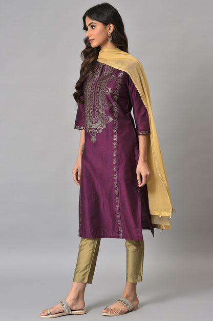 Dark Pink Mukaish Placement Print kurta With Golden Pants And Dupatta - wforwoman