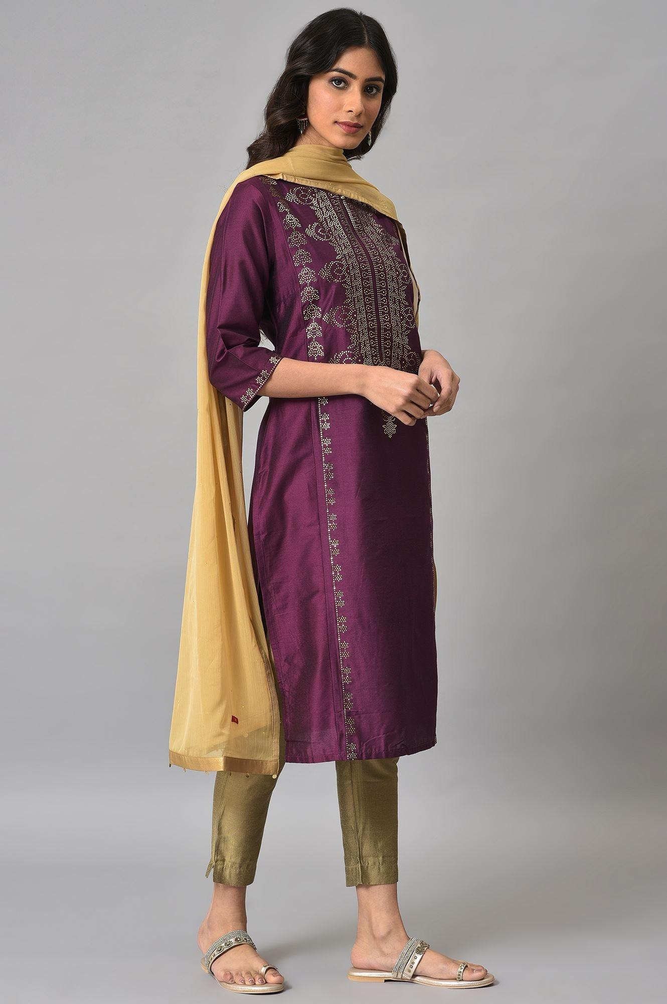 Dark Pink Mukaish Placement Print kurta With Golden Pants And Dupatta - wforwoman