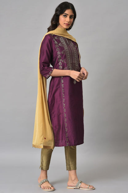 Dark Pink Mukaish Placement Print kurta With Golden Pants And Dupatta - wforwoman