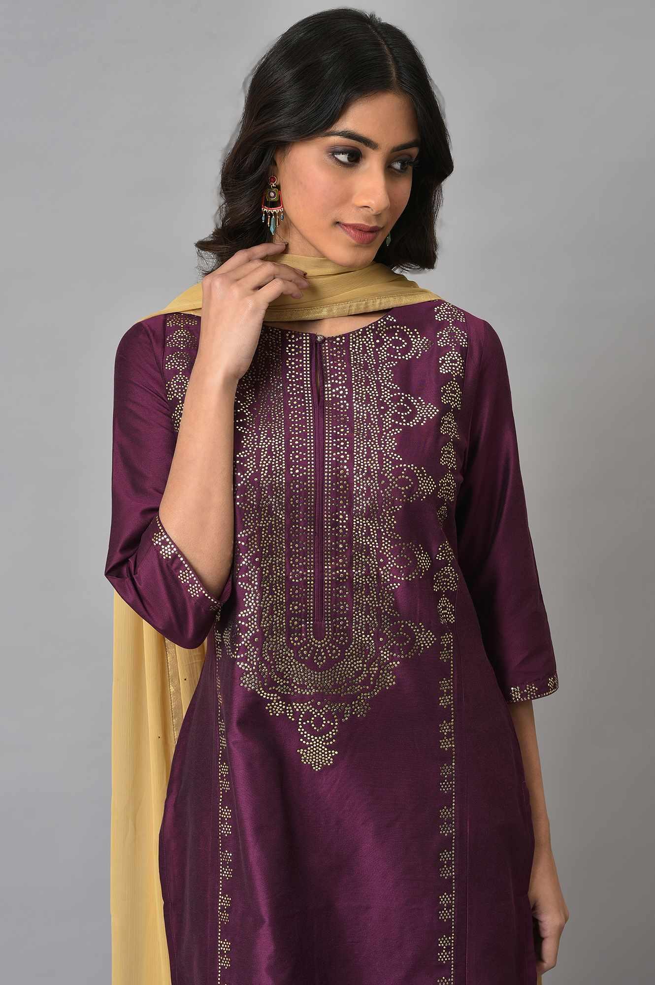 Dark Pink Mukaish Placement Print kurta With Golden Pants And Dupatta - wforwoman