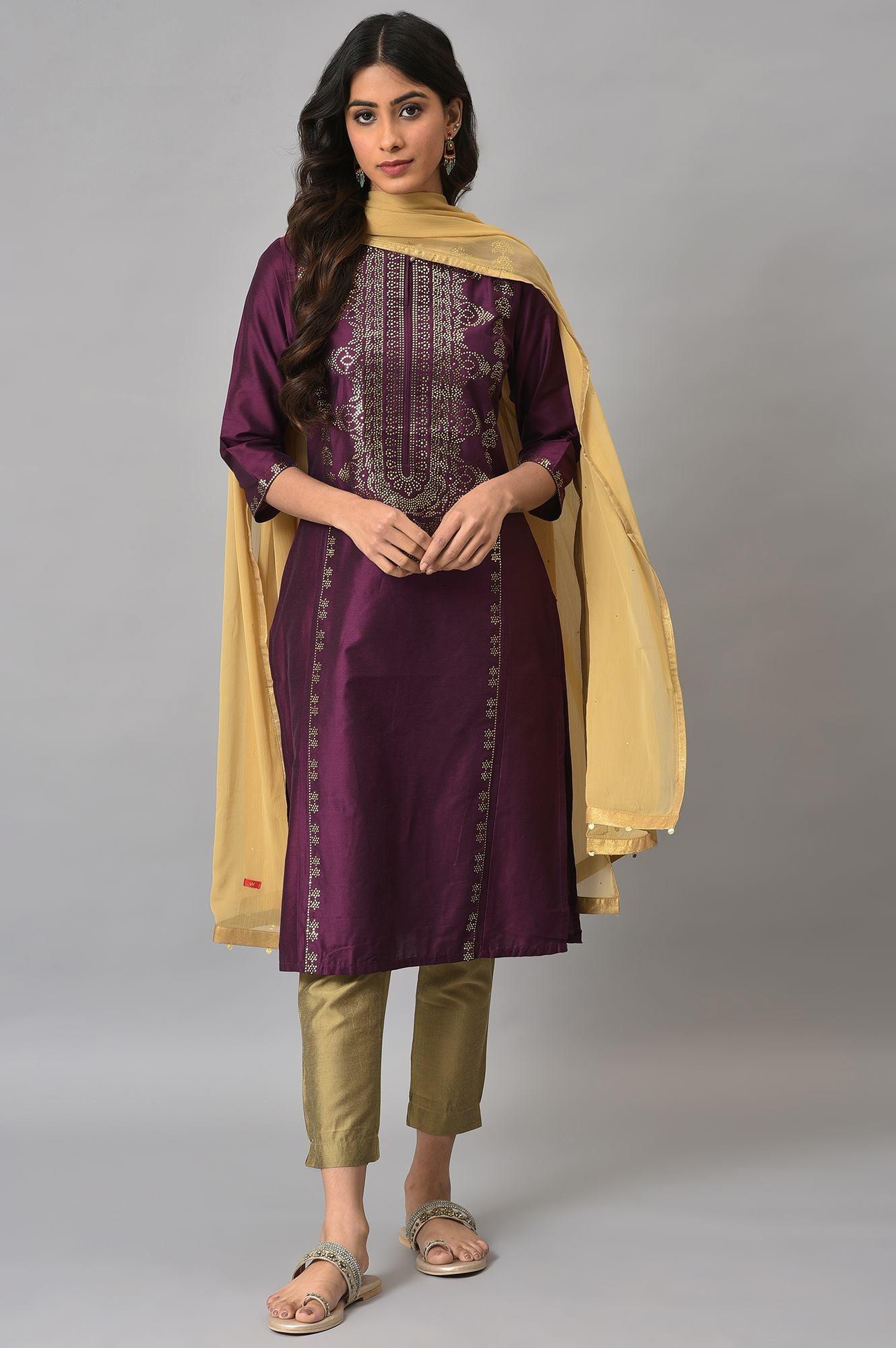 Dark Pink Mukaish Placement Print kurta With Golden Pants And Dupatta - wforwoman