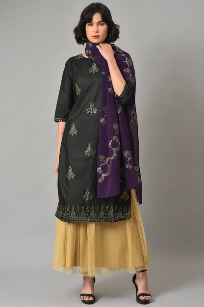 Black Karnatka Silk kurta With Golden Sequin Skirt And Purple Dupatta