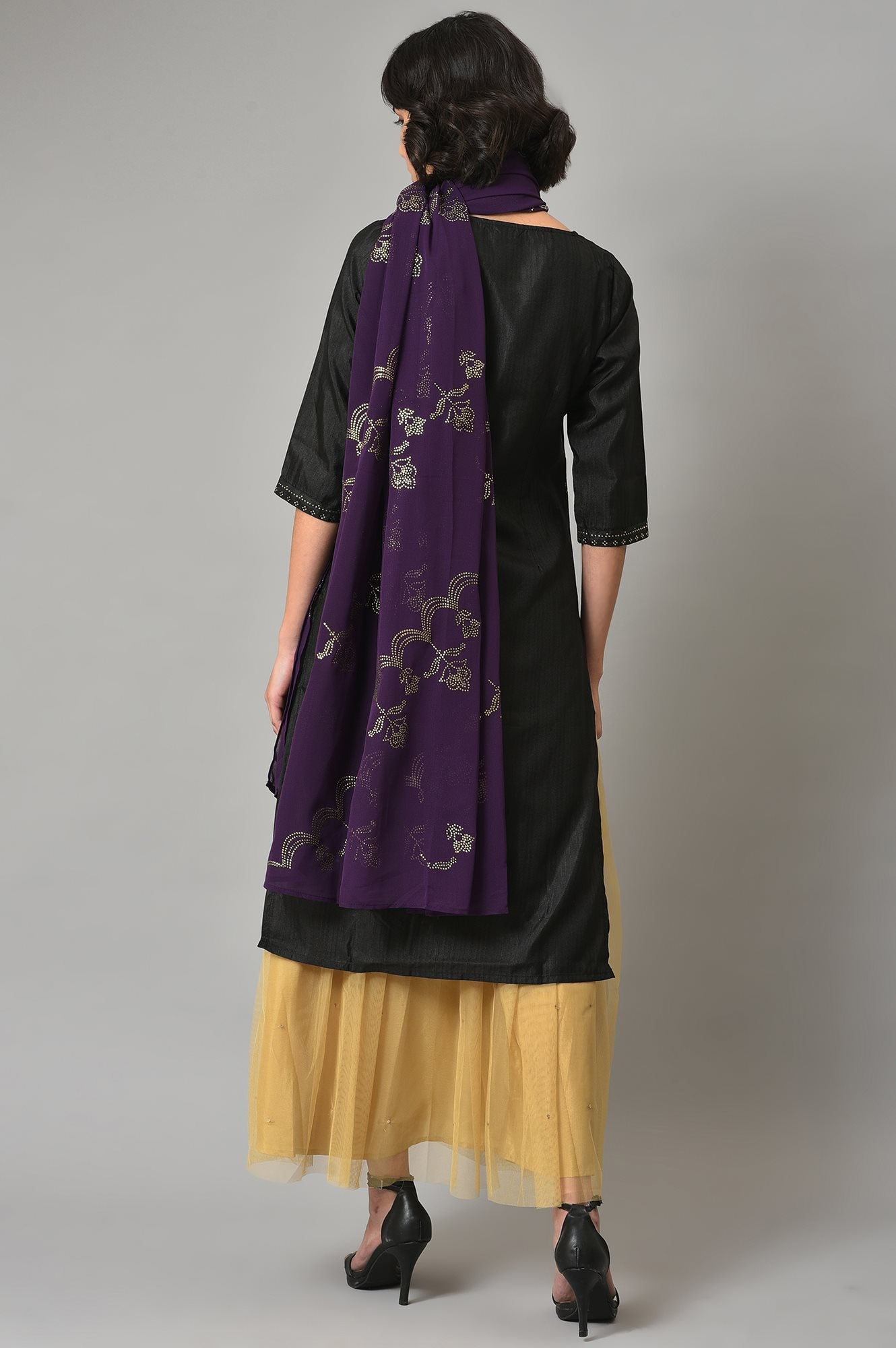 Black Karnatka Silk kurta With Golden Sequin Skirt And Purple Dupatta