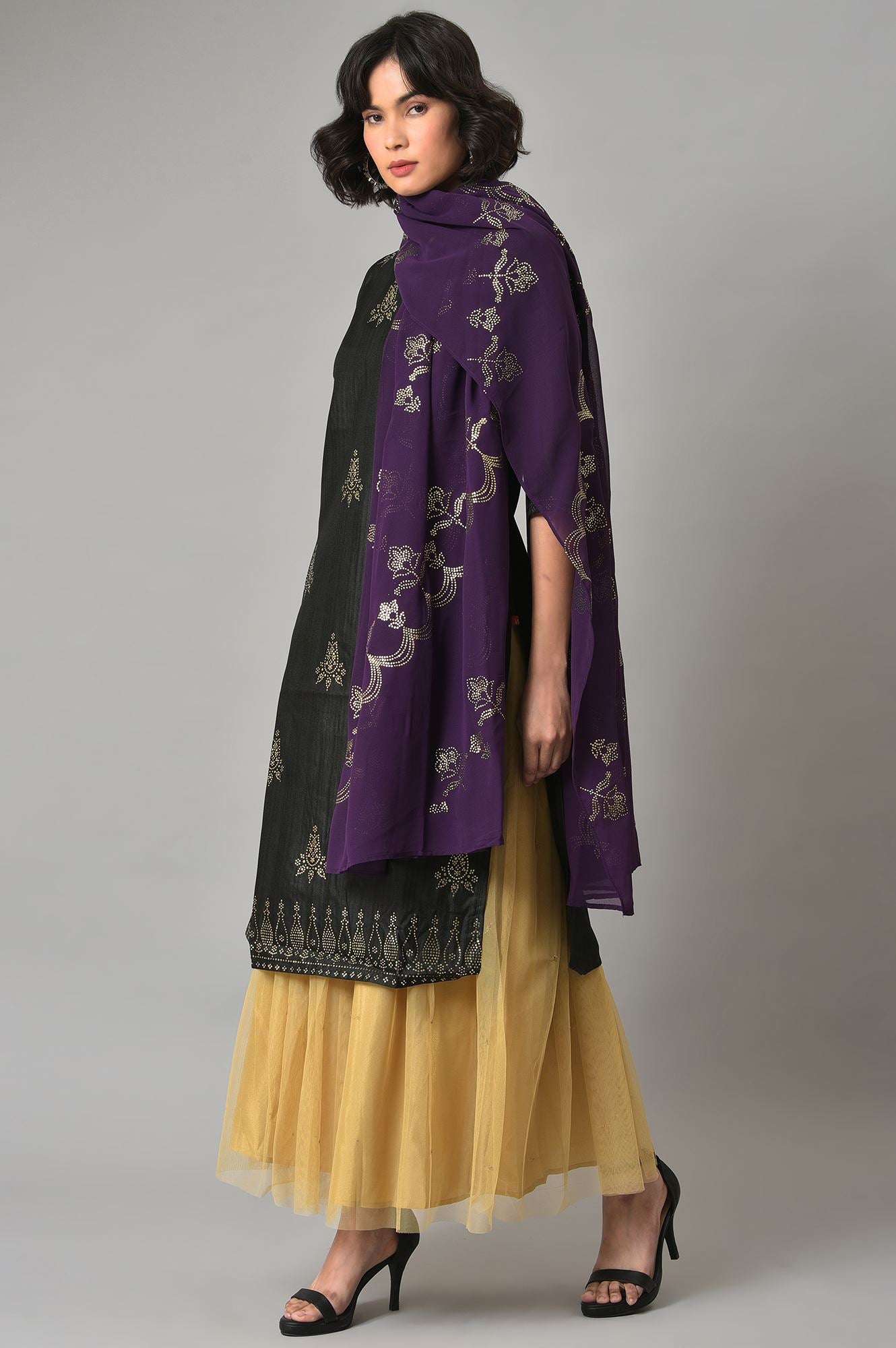 Black Karnatka Silk kurta With Golden Sequin Skirt And Purple Dupatta