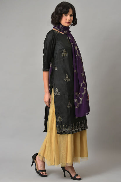 Black Karnatka Silk kurta With Golden Sequin Skirt And Purple Dupatta