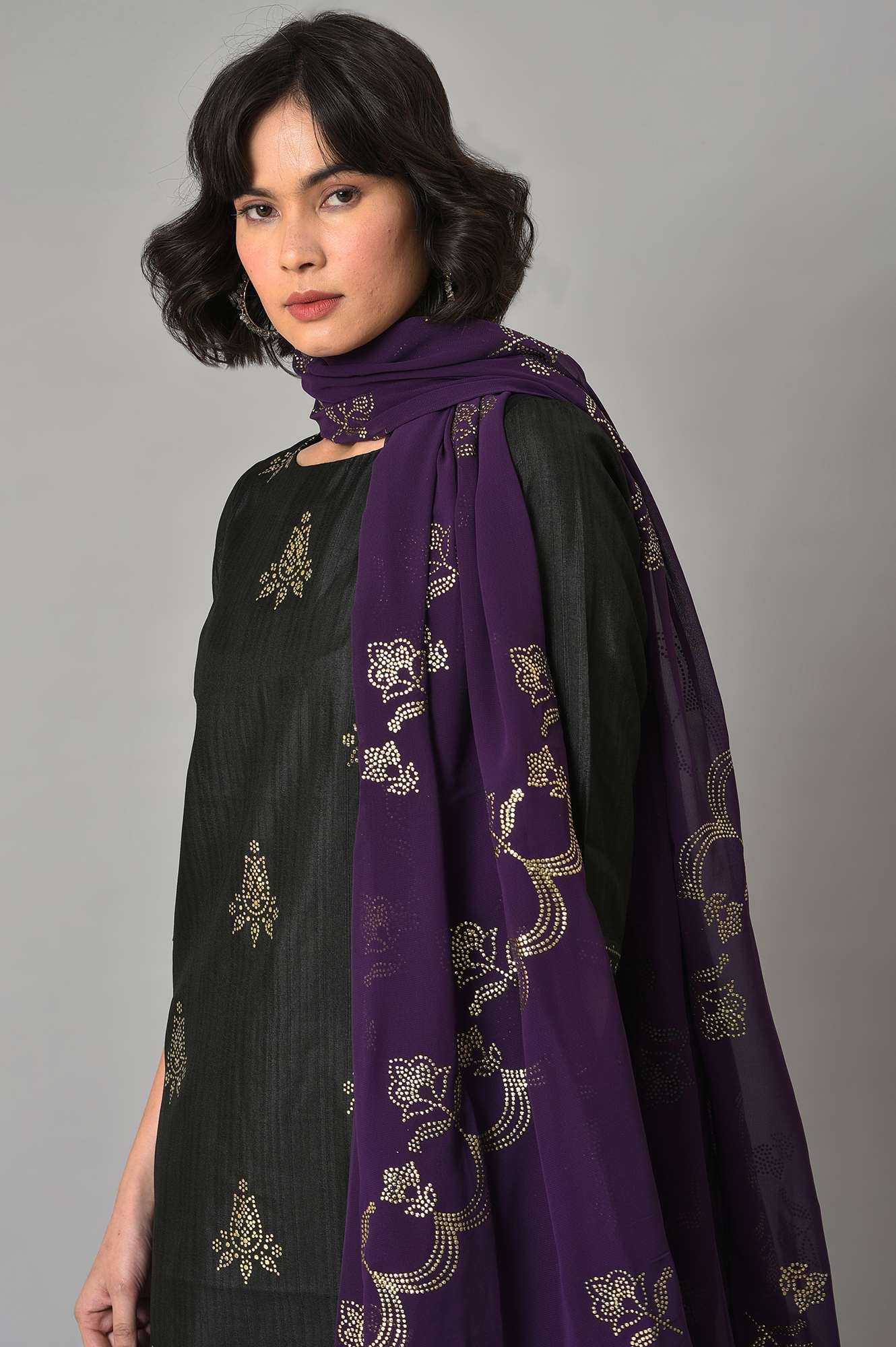 Black Karnatka Silk kurta With Golden Sequin Skirt And Purple Dupatta