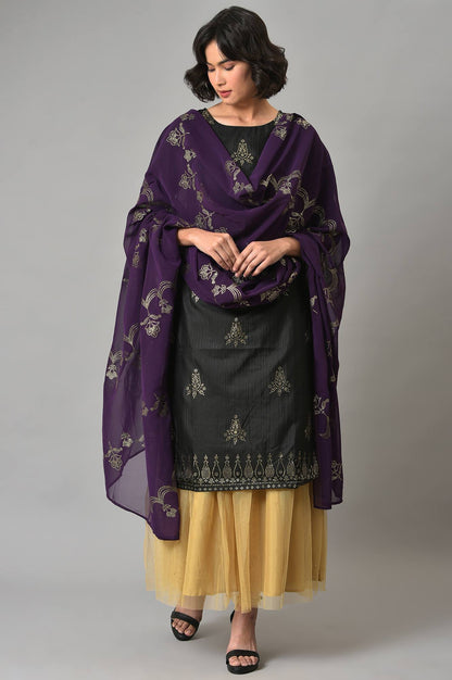 Black Karnatka Silk kurta With Golden Sequin Skirt And Purple Dupatta