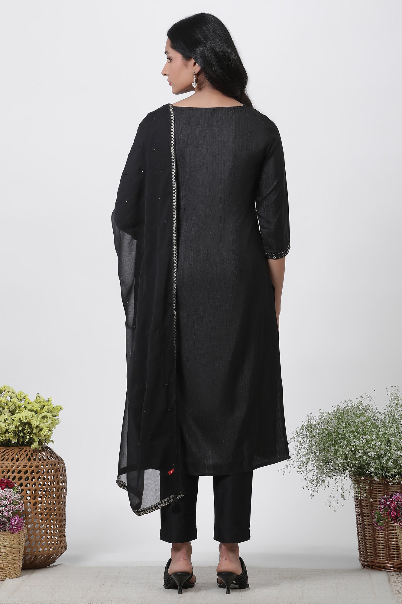 Black Mukaish Festive Kurta, Pants And Dupatta Set