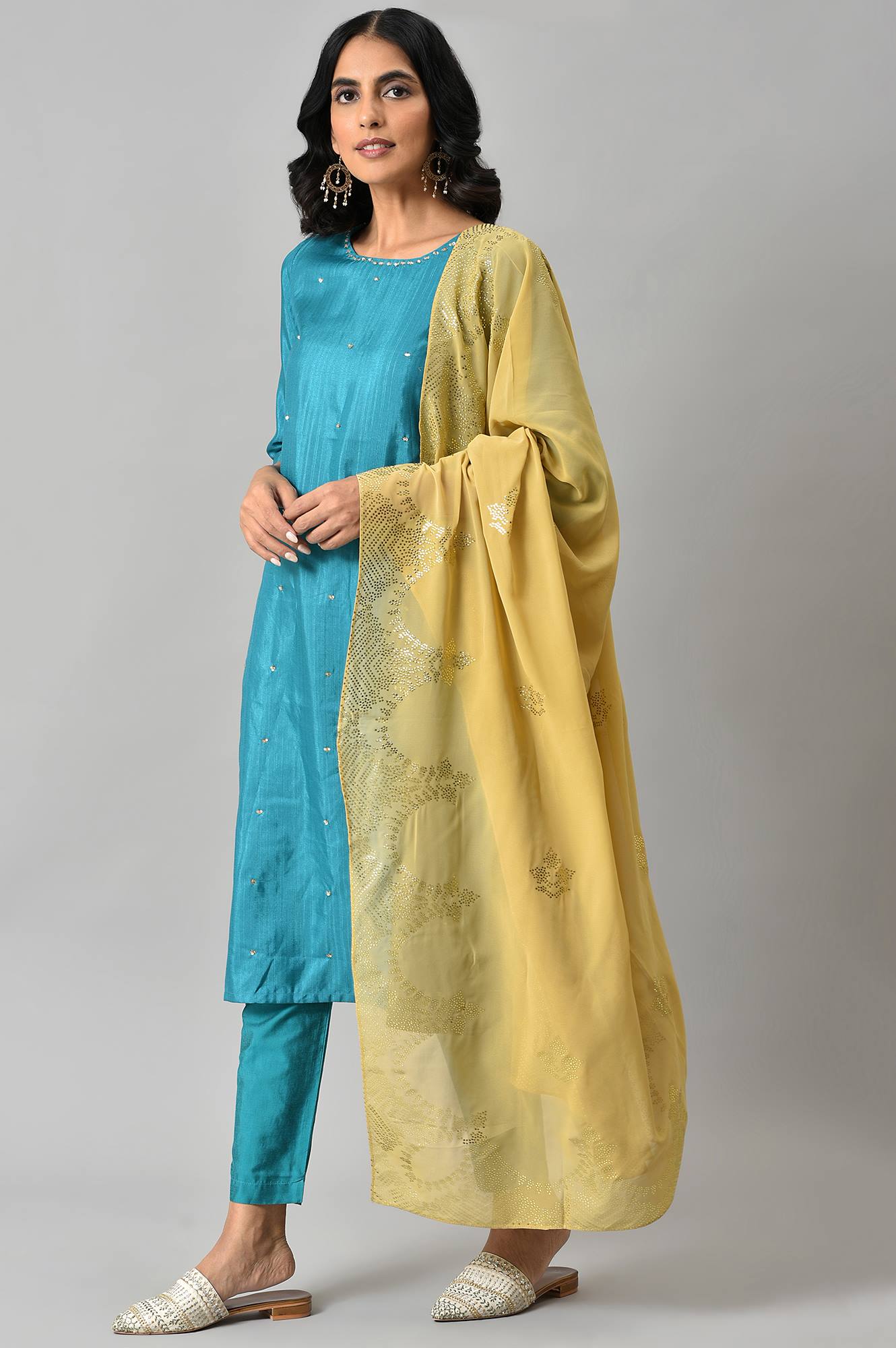 Teal Sequin Highlighted kurta With Pants And Golden Dupatta