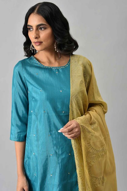 Teal Sequin Highlighted kurta With Pants And Golden Dupatta