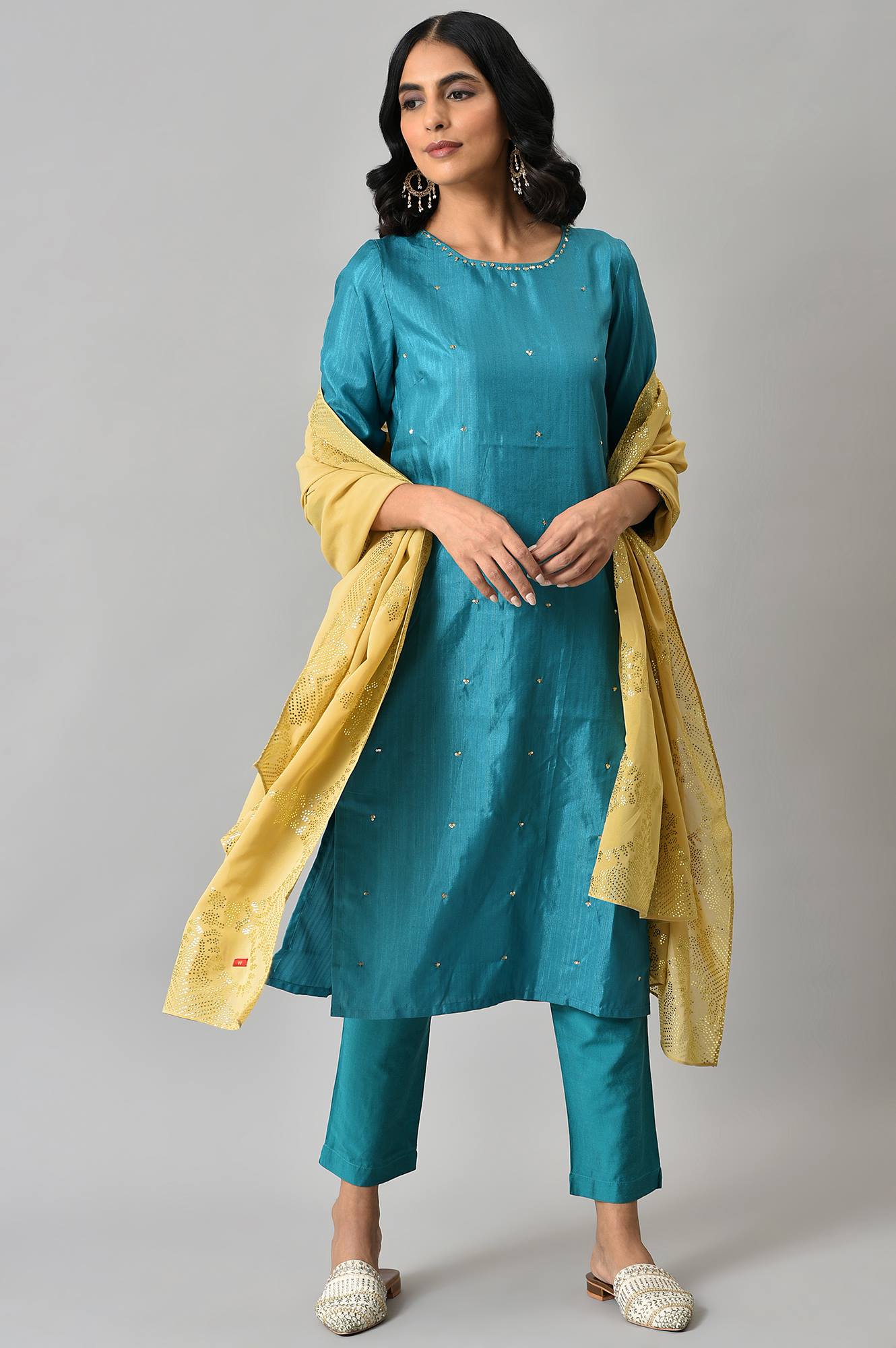 Teal Sequin Highlighted kurta With Pants And Golden Dupatta