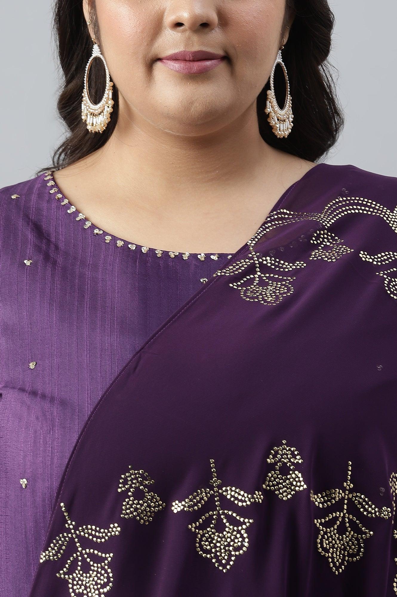 Pdeep Purple Karnatka Silk Plus Size kurta With Green Slim Pants And Mukaish Dupatta - wforwoman