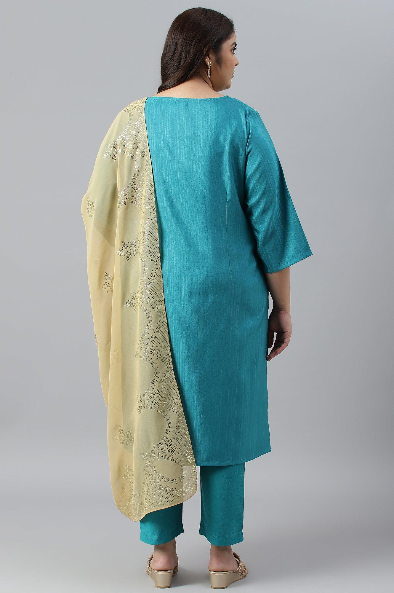 Plus Size Teal Green Karnatka Silk kurta With Slim Pants And Mukaish Dupatta - wforwoman