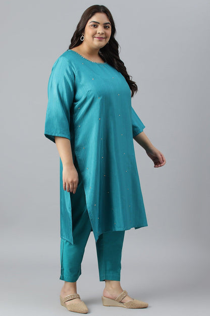 Plus Size Teal Green Karnatka Silk kurta With Slim Pants And Mukaish Dupatta - wforwoman