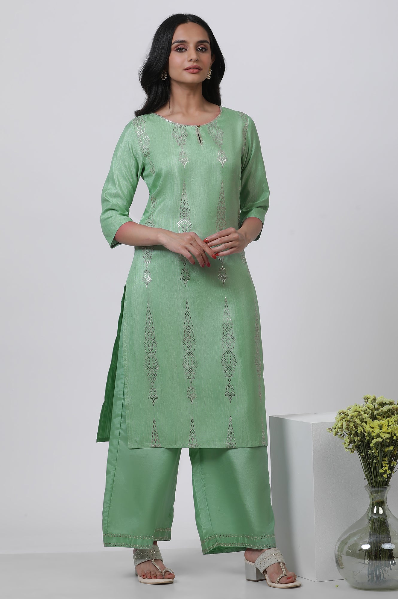 Pistachio Green Mukaish Kurta And Pants Set