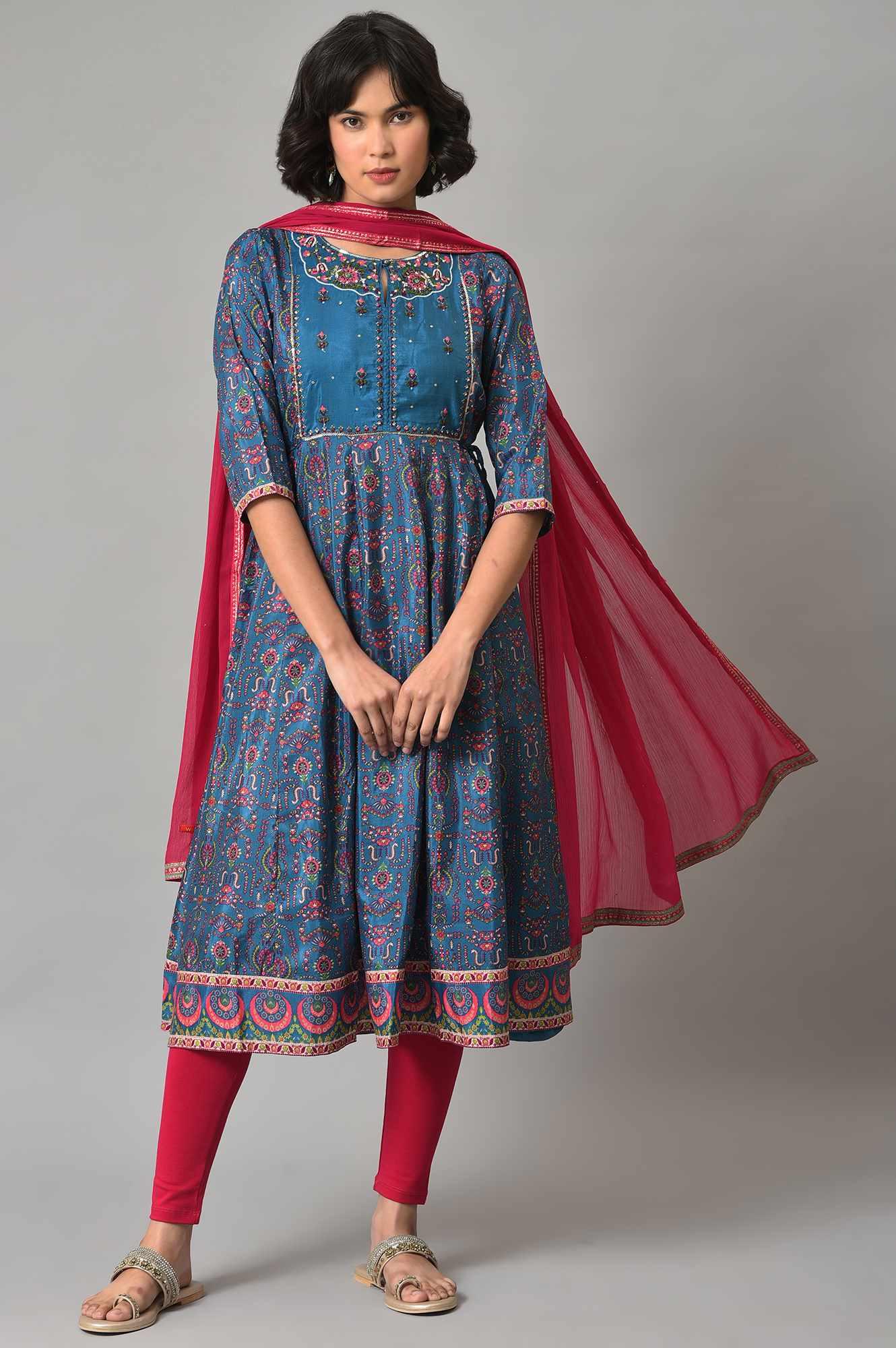 Dark Blue kurta With Pink Tights And Dupatta - wforwoman