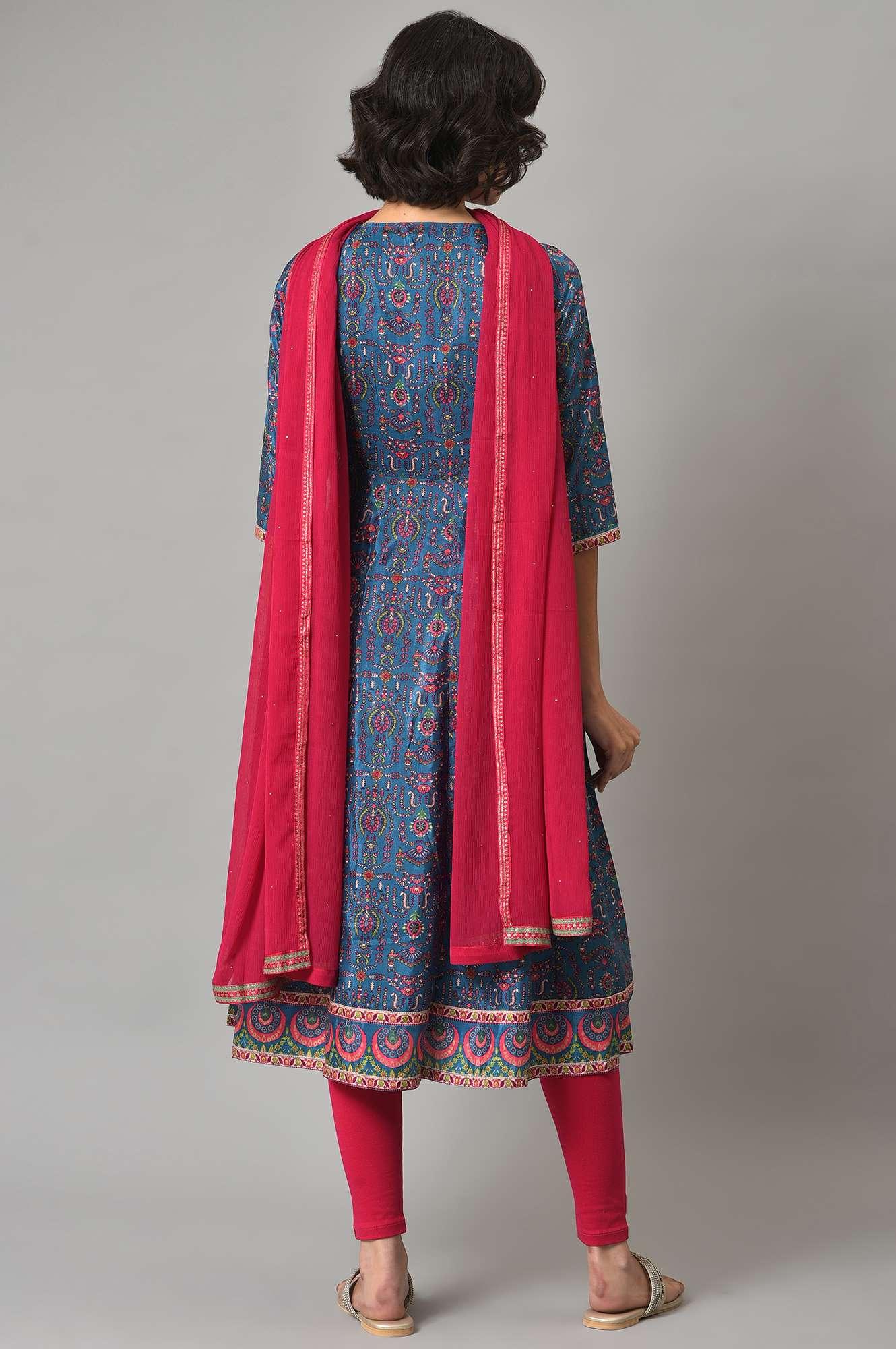 Dark Blue kurta With Pink Tights And Dupatta - wforwoman