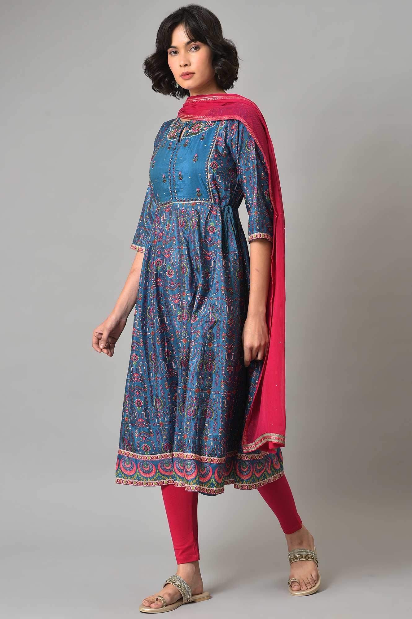 Dark Blue kurta With Pink Tights And Dupatta - wforwoman