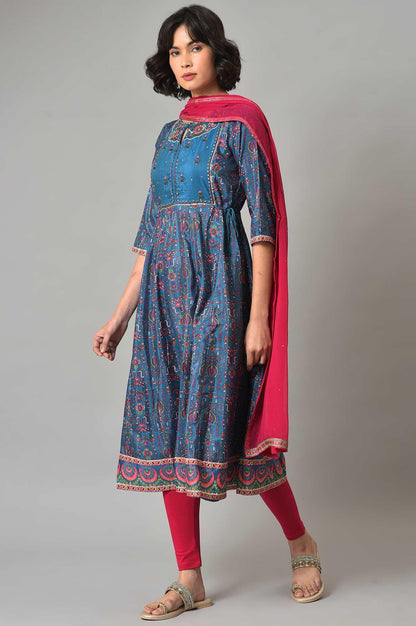 Dark Blue kurta With Pink Tights And Dupatta - wforwoman